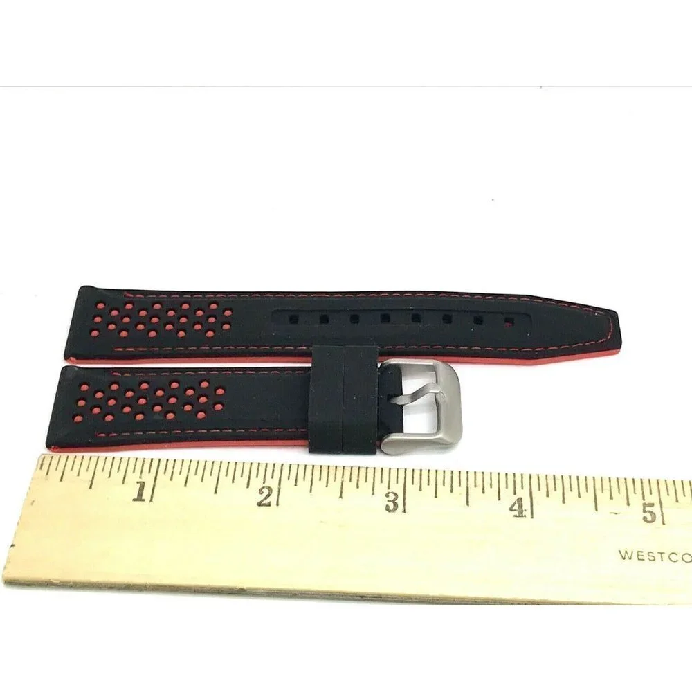 Men's Watch Band Replacement Black Red Rubber Strap 22mm Lug Silver Buck…